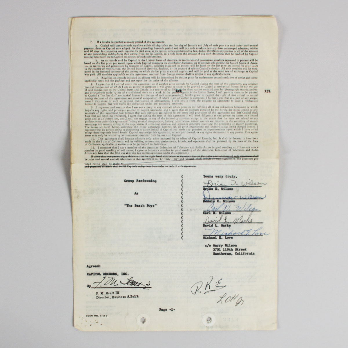 The Beach Boys Band Signed Contract July 16, 1962 Capitol Records - COA JSA