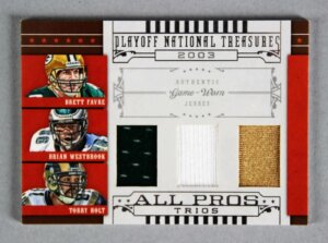 2008 National Treasures Brett Favre, Brian Westbrook & Torry Holt Game-Used Jersey Card Trios 17/25