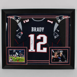 Tom Brady Signed Jersey Display Patriots with Rob Gronkowski & Bill Belichick Signed 8x10 Photo - COA TRISTAR