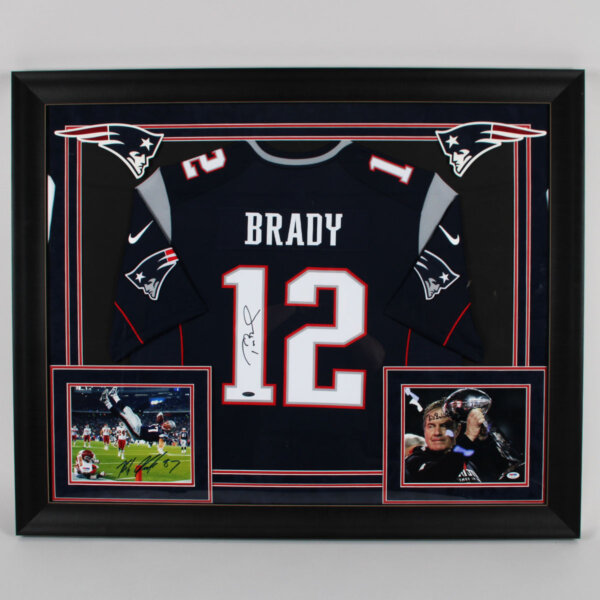 Tom Brady Signed Jersey Display Patriots with Rob Gronkowski & Bill Belichick Signed 8x10 Photo - COA TRISTAR