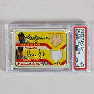 2018 Topps Heritage Reggie Jackson Aaron Judge Clubhouse Collection Signed Graded Card Yankees Auto Relic #JJ 1/10 PSA 9