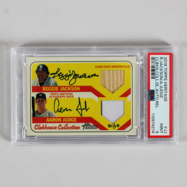2018 Topps Heritage Reggie Jackson Aaron Judge Clubhouse Collection Signed Graded Card Yankees Auto Relic #JJ 1/10 PSA 9