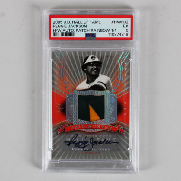 2005 U.D. Hall of Fame Reggie Jackson Graded Card #HWRJ2 H/W AUTO Patch Rainbow 1/1 - PSA 5
