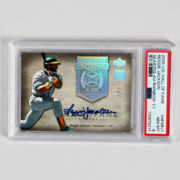 2005 U.D. Hall of Fame Reggie Jackson Graded Card #HFSRJ1 Seasons AUTO Rainbow 1/1 - PSA 8