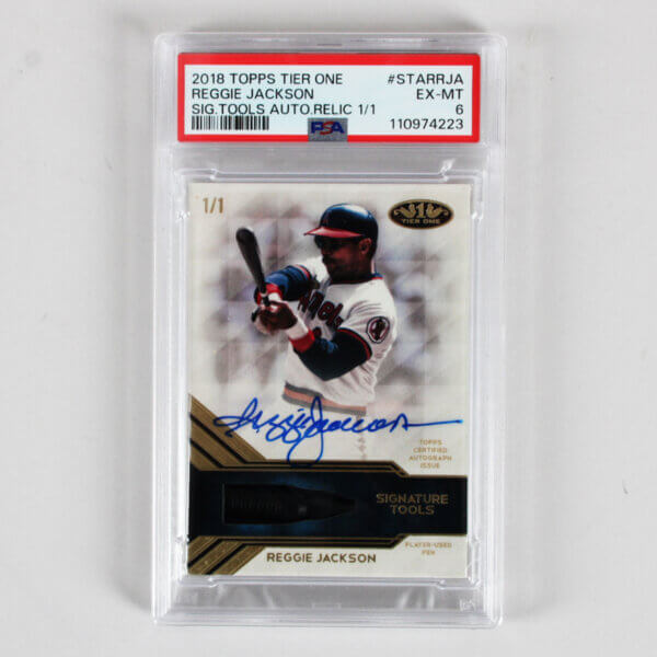 2018 Topps Tier One Reggie Jackson Graded Card #STARRJA SIG. Tools AUTO Relic Card 1/1 - PSA 6