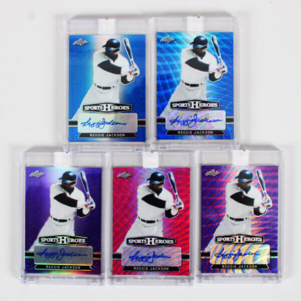 2018 Leaf Sports Heroes Reggie Jackson Signed Card Lot (5) Auto BA-RJ1 Pink, Purple, & Blue