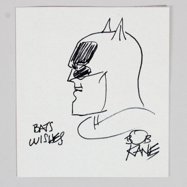Bob Kane Batman Creator Hand drawn Sketch and Signed 4x5 Card. Beckett Sticker