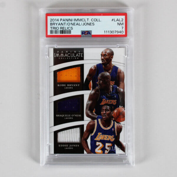 2014 Panini Immaculate Collection Bryant/O'Neal/ Jones Graded Card #LAL2 Trio Relics LE 61/75- PSA 7