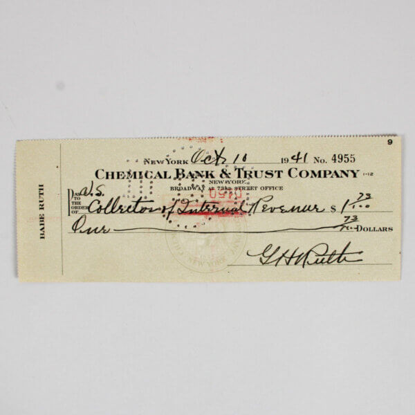 Babe Ruth Signed Check Yankees - COA PSA/DNA