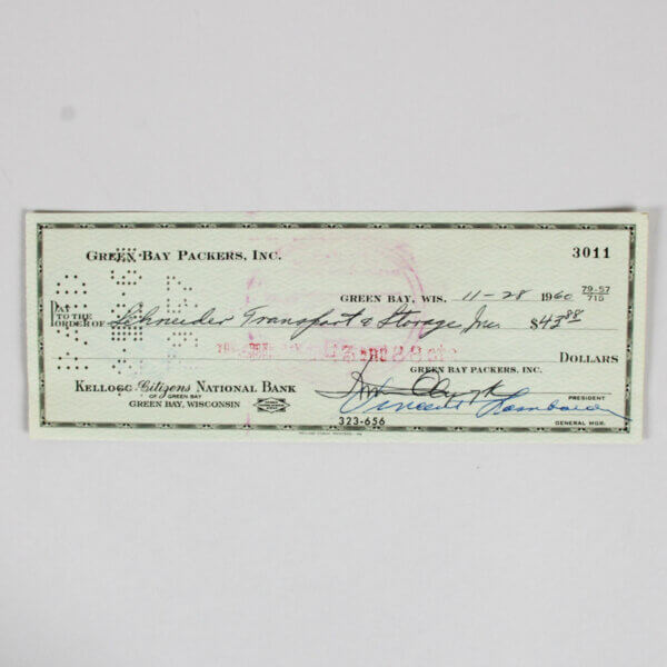 Vince Lombardi Signed Check Green Bay Packers - COA PSA/DNA