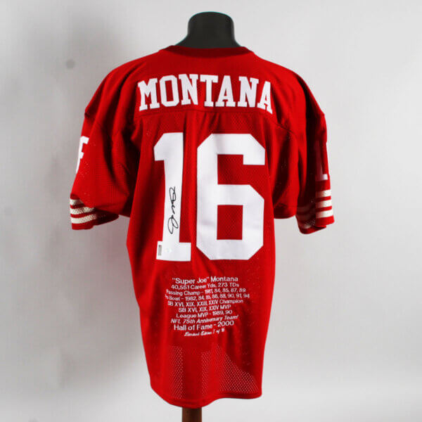 Joe Montana Signed Stat Jersey 49ers -COA Player Hologram