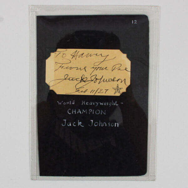 Jack Johnson Signed Cut 1927 w/Jim Jeffries Vintage 1910 Pin & Ticket