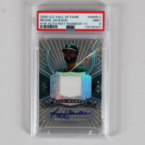 2005 U.D. Hall of Fame Reggie Jackson Graded Card #HWRJ1 H/W AUTO-Mat Rainbow 1/1 - PSA 9