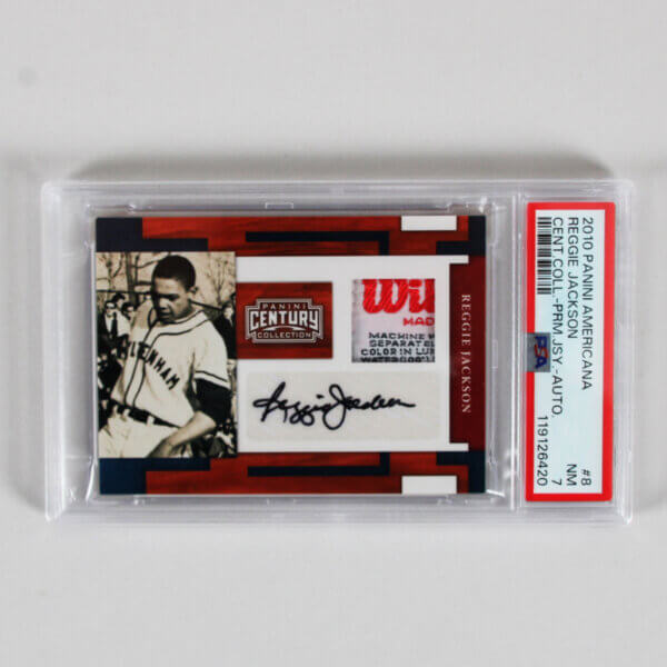 2010 Panini Americana Reggie Jackson Graded Card #8 Cent. Coll.-Prm. Jersey - AUTO - PSA 7 Laundry Tag