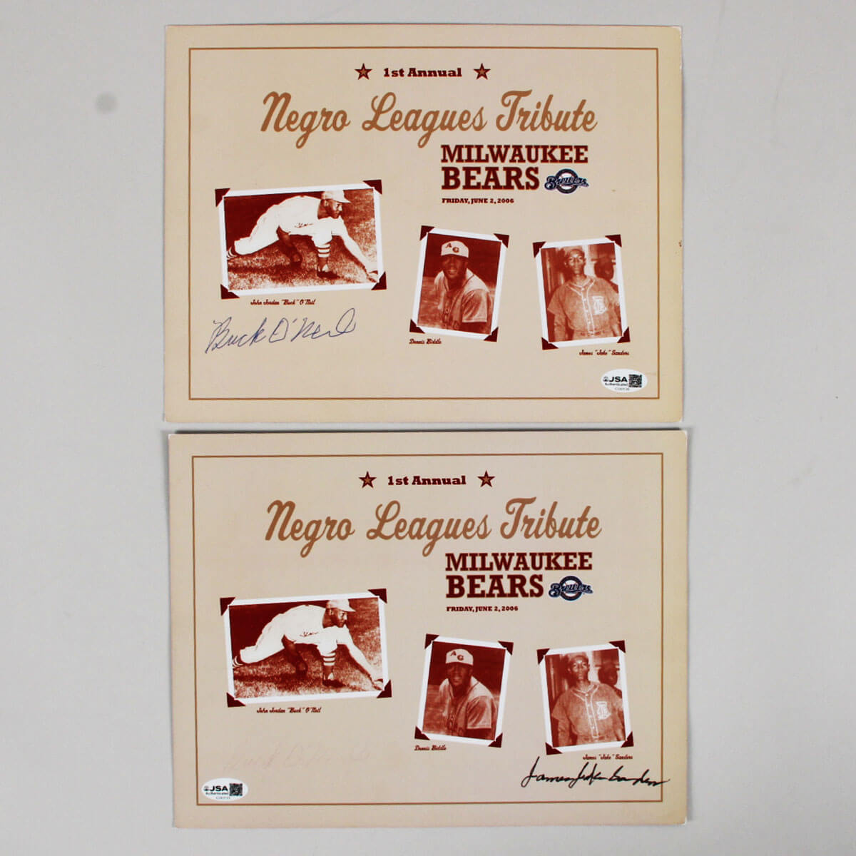 James Jake Sanders & Buck O'Neil Signed Photo Cards (2) 8x10 - COA JSA