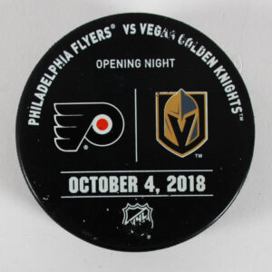 Oct. 4, 2018 Golden Knights vs. Flyers Game Used Warm Up Puck Opening Night - COA MeiGrayGroup Hologram
