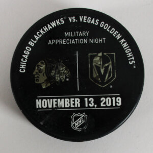 Nov. 13, 2019 Golden Knights vs. Blackhawks Game Used Warm Up Puck Military Appreciation Night