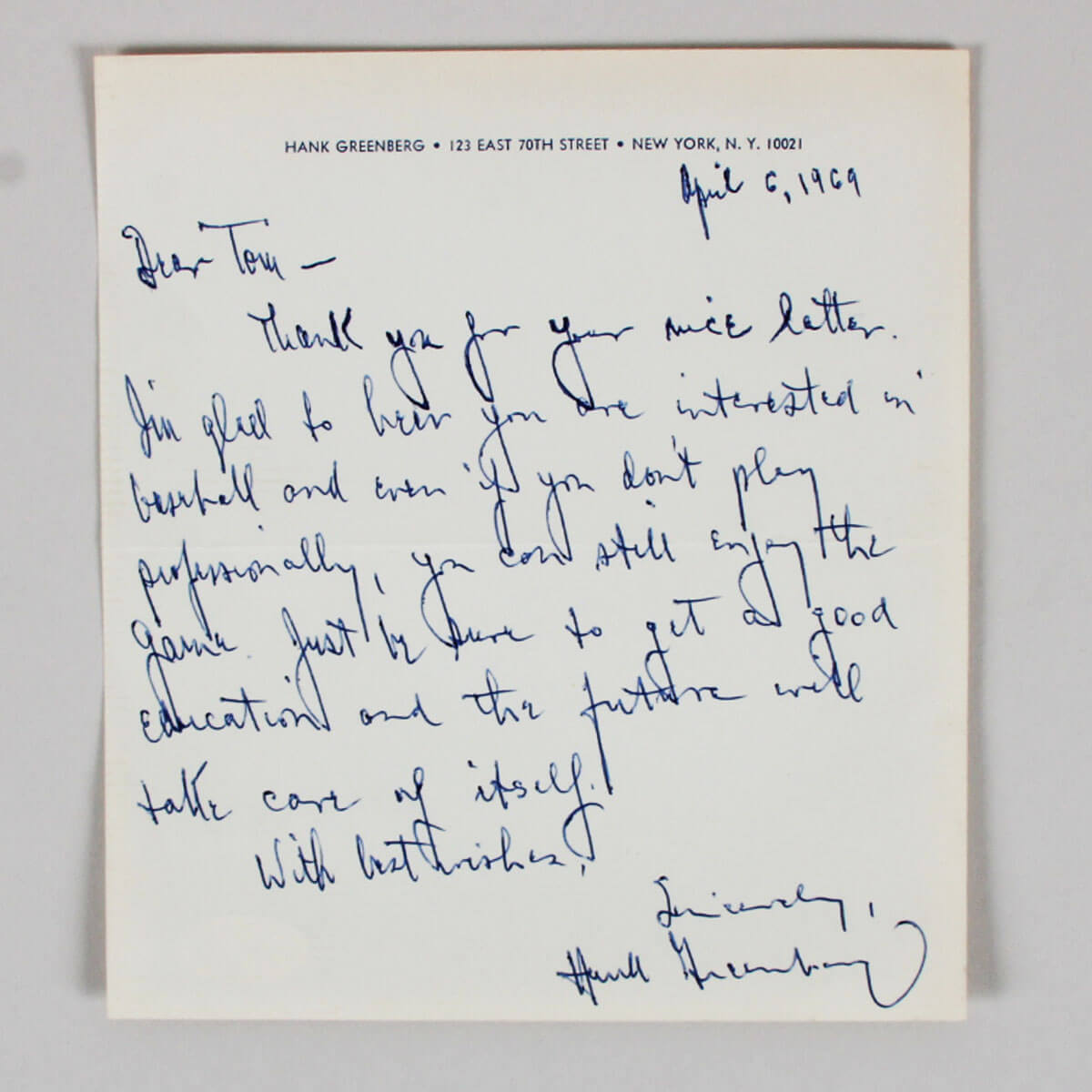 Hank Greenberg Signed Letter - COA JSA