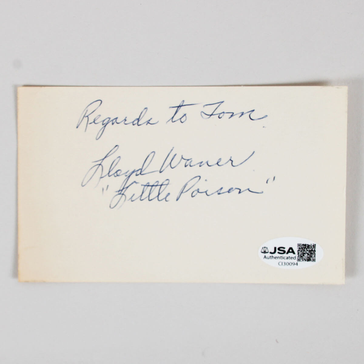 Lloyd Waner Signed Index Card Pirates - COA JSA