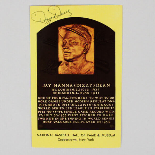 Dizzy Dean Signed Postcard Cardinals Yellow Hall of Fame Plaque Card - COA JSA