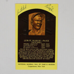 Satchel Paige Signed Postcard Yellow Hall of Fame Plaque Card - COA JSA