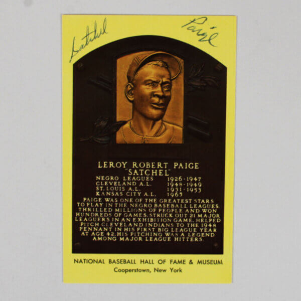 Satchel Paige Signed Postcard Yellow Hall of Fame Plaque Card - COA JSA