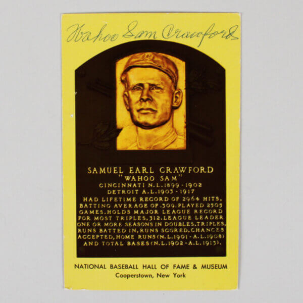 Wahoo Sam Crawford Signed Postcard Yellow Hall of Fame Plaque Card - COA JSA