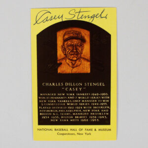 Casey Stengel Signed Postcard Yankees Yellow Hall of Fame Plaque Card Signed 3x with Inscription "Hall of Famer" - COA JSA