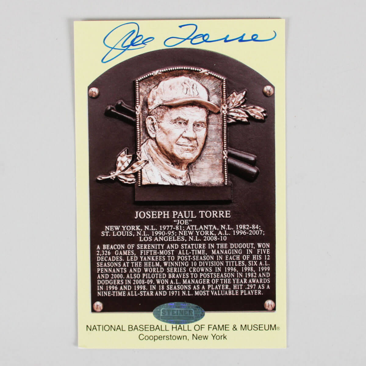 JOE TORRE SIGNED 2024 NATIONAL BASEBALL HALL OF FAME PLAQUE POSTCARD W/ Steiner COA