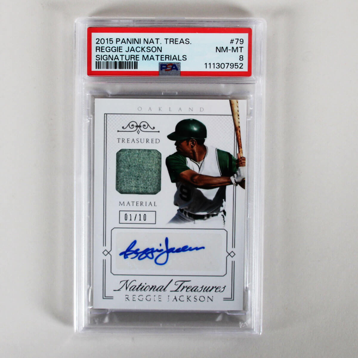 2015 National Treasures Signature Materials Reggie Jackson Signed Graded Card Auto Jersey #79 PSA 8 1/10
