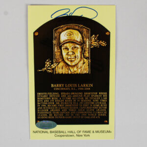Barry Larkin Signed Gold HOF Plaque Postcard Yellow Autograph Reds COA Steiner