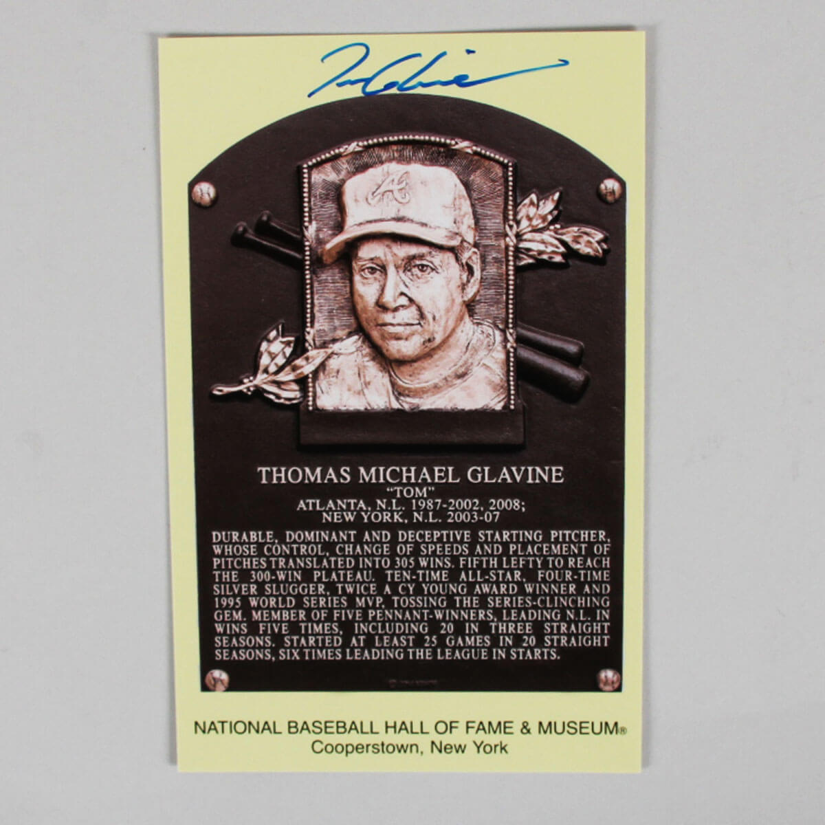 Tom Glavine Signed Gold HOF Plaque Postcard Yellow Atlanta Braves Baseball COA MLB Services