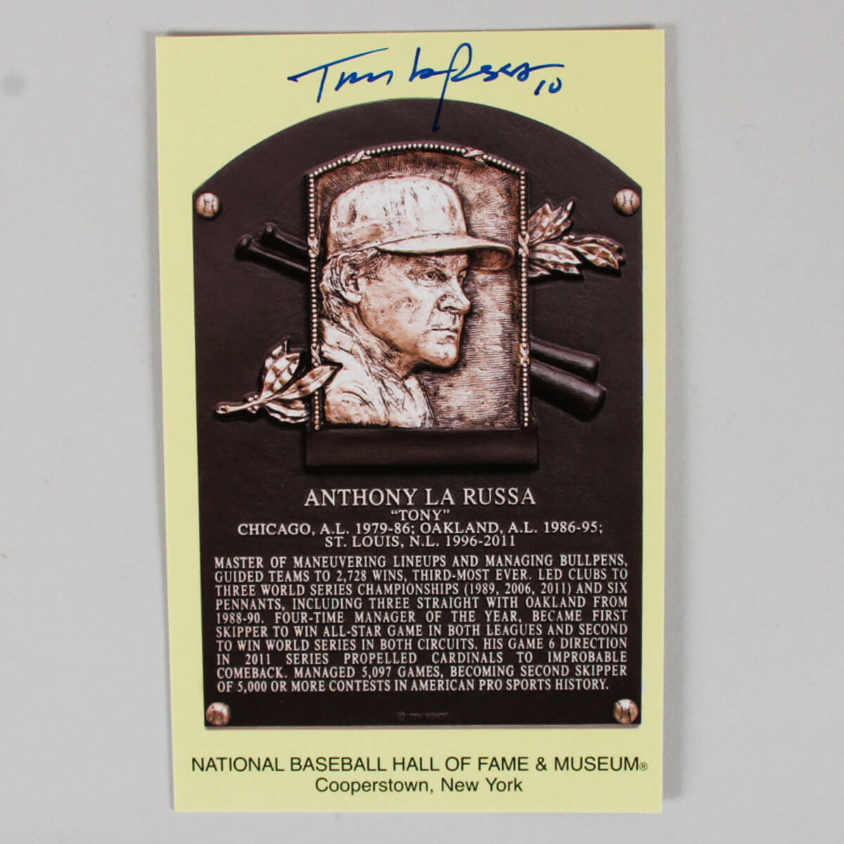 Tony La Russa Signed Gold HOF Plaque Postcard Yellow St. Louis Cardinals Baseball COA MLB Services