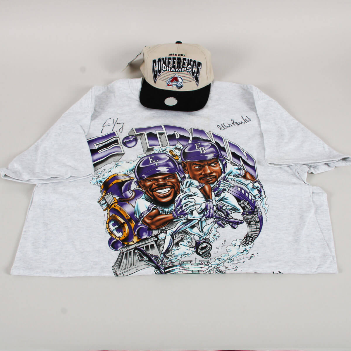 Vintage 1996 Colorado Rockies E-Trade Tee Shirt XL Signed Eric Young Ellis Burks & 1995 Avalanche Champs Hat Cap NWT