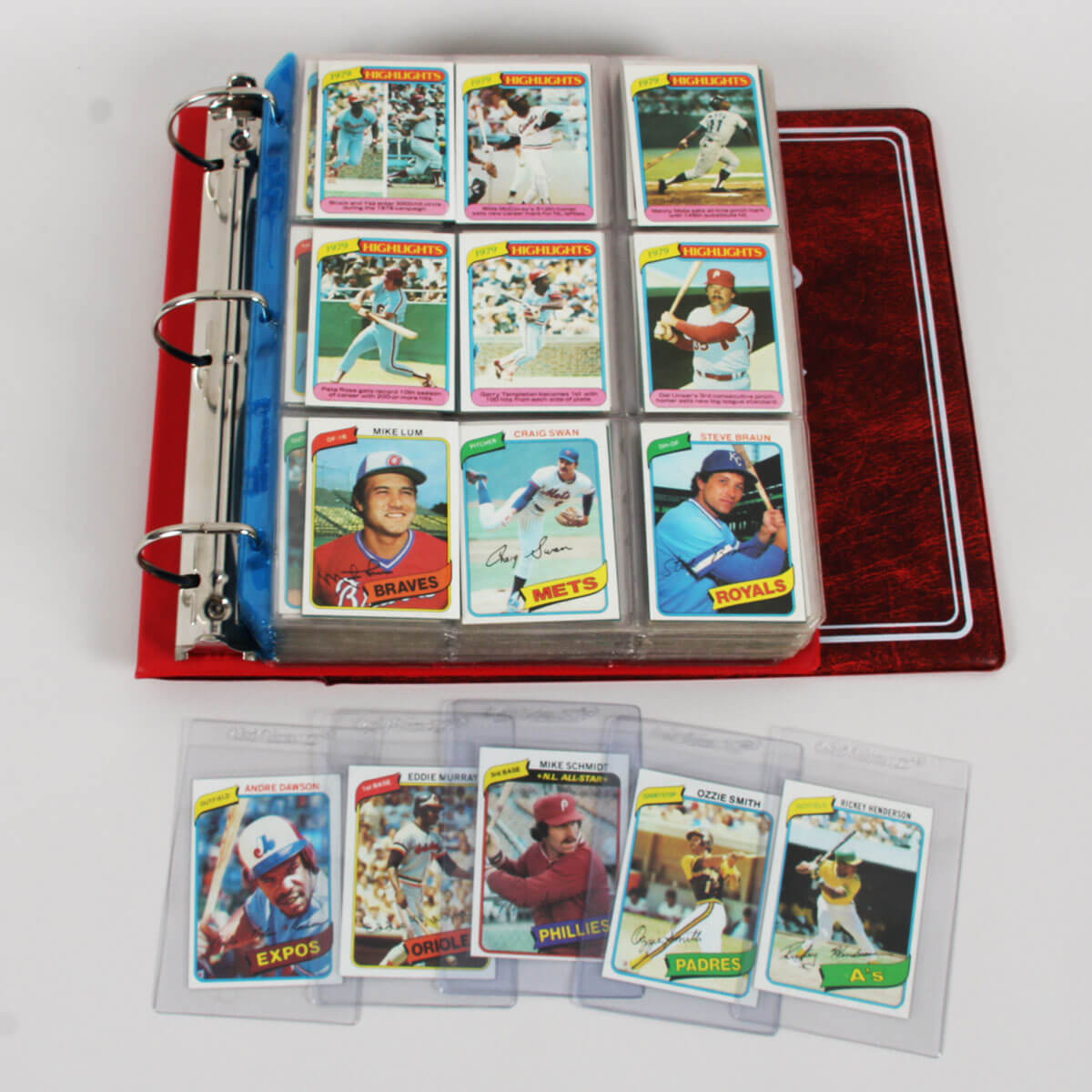 1980 Topps Baseball Complete Set of (726) Cards In Binder with Rickey Henderson #482 RC, Ozzie Smith #393 Nr/Mt