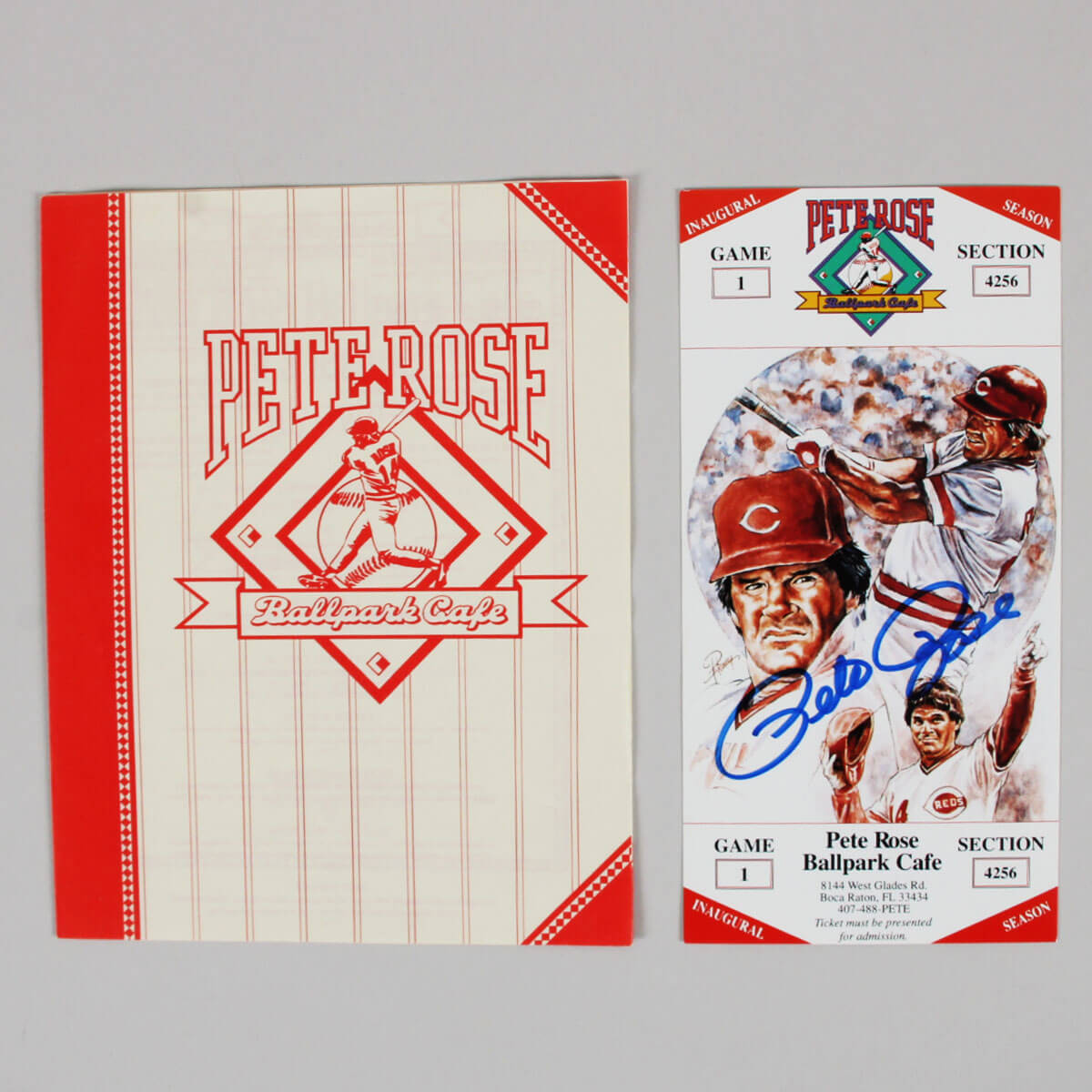Pete Rose "Autographed" (MM) "Ballpark Cafe" Promo Card w/Menu COA JSA