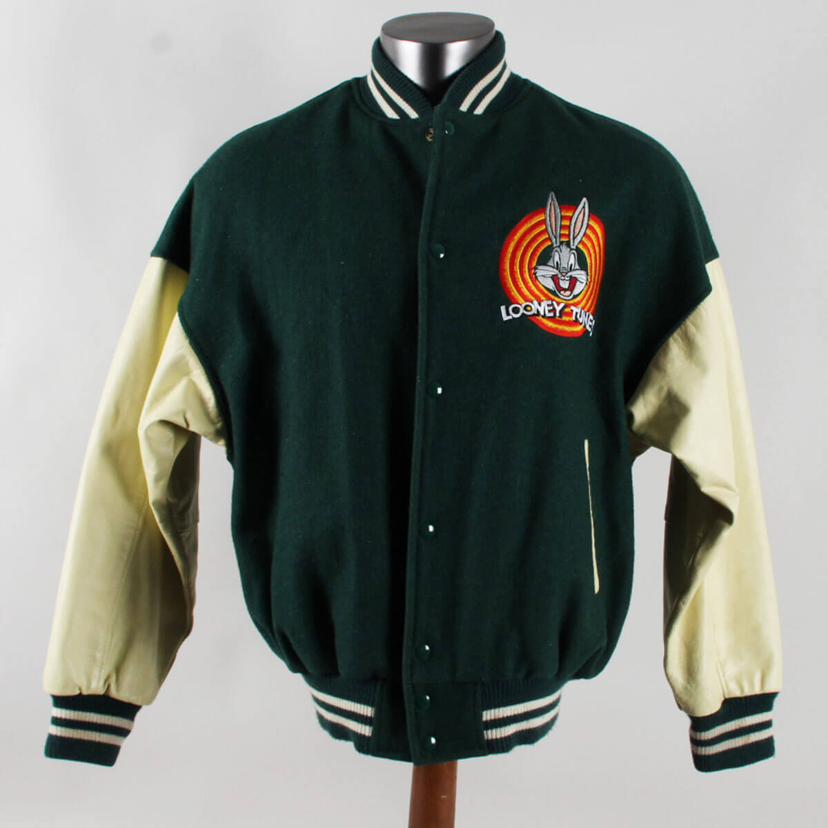 1990 Looney Tunes Bugs Bunny Green Varisty Vintage Worn Jacket Size L