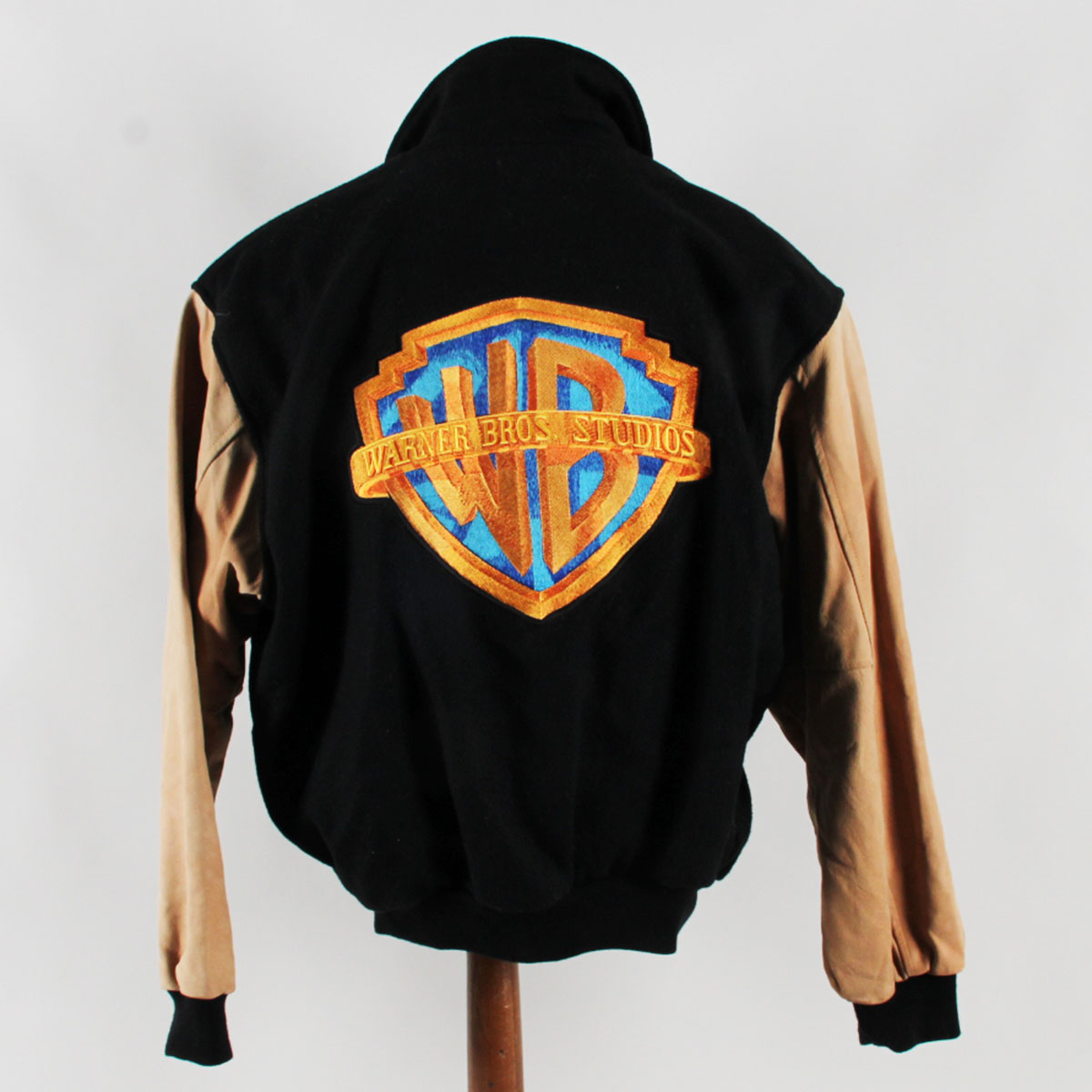 Vintage 1990s Warner Bros. Bomber Tan Suede & Black Cloth Worn Jacket Size L