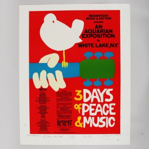 Woodstock 25th Anniversary Poster Print Signed by 5 Musicians Grace Slick, Richie Havens, Carlos Santana JSA LOA