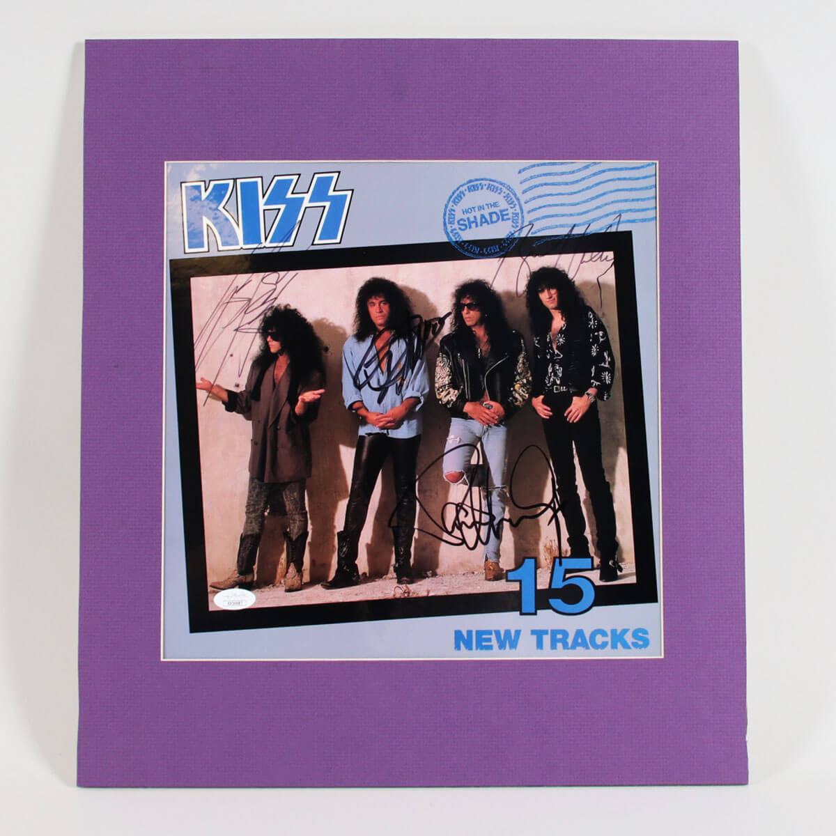 KISS Band Signed Album Slick Display Hot in the Shade (4) Incl. Eric Carr, Gene Simmons – COA JSA