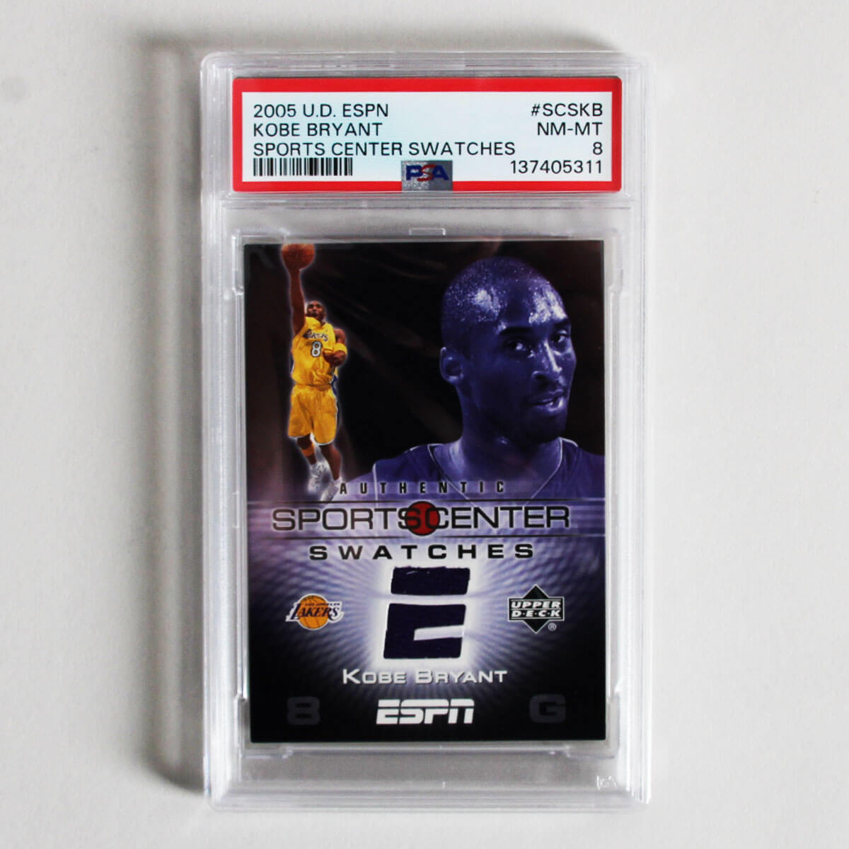 2005 U.D. ESPN Kobe Bryant Graded Card #SCSKB Sports Center Swatches - PSA 8