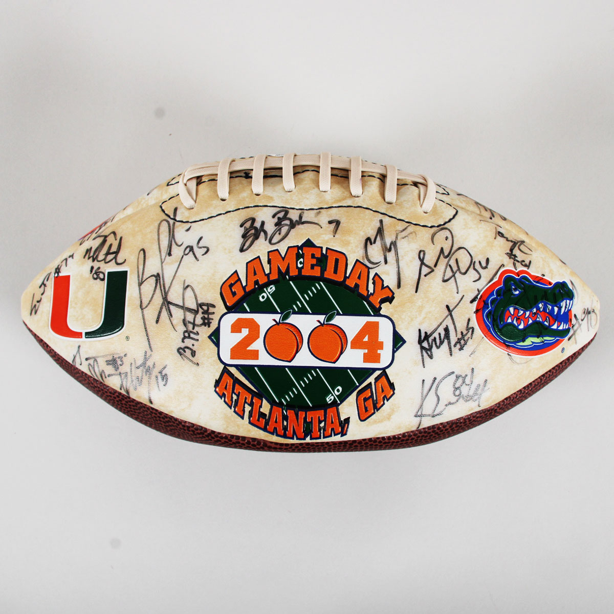 2004 Peach Bowl Team Signed Football 20+ Miami Hurricanes Devin Hester, Greg Olsen, etc.