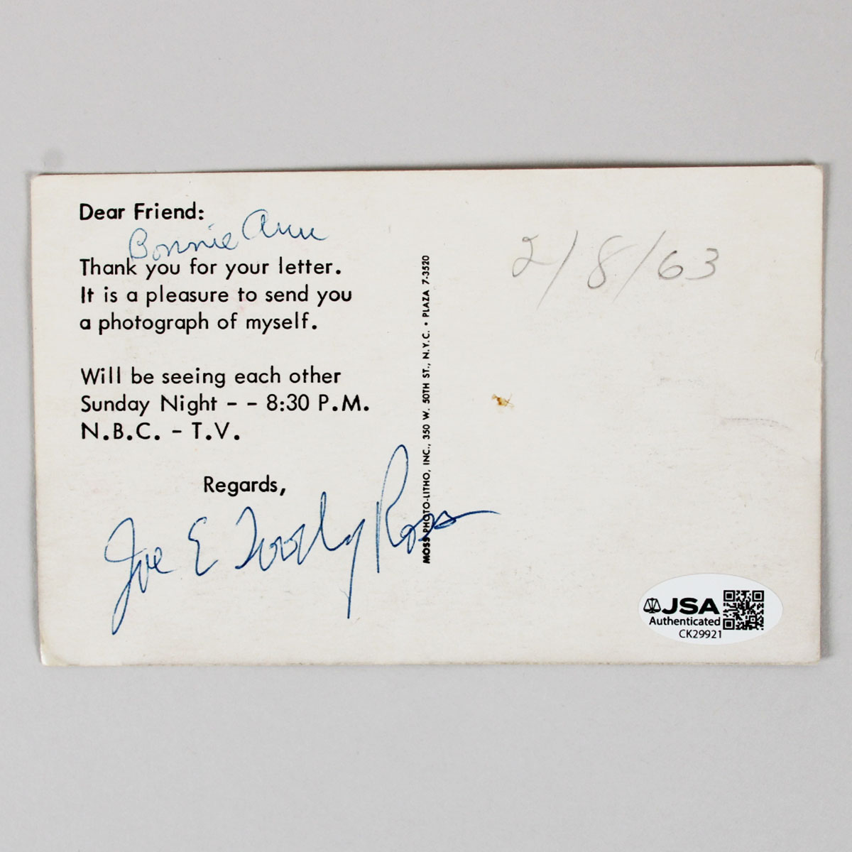 Joe E. Ross Signed Postcard Car 54, Where Are You? - COA JSA