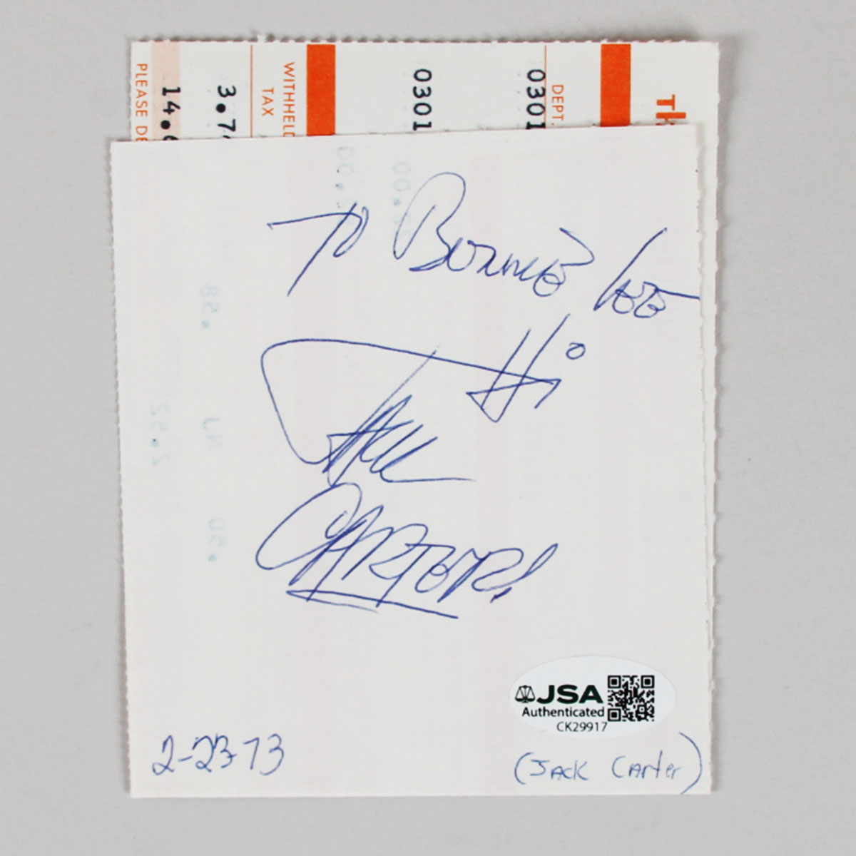 Jack Carter Signed Pay Stub - COA JSA