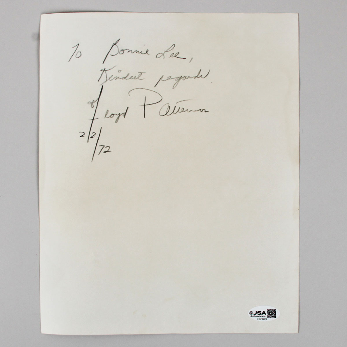 Floyd Patterson Boxing Signed Photo On Reverse Side dated 1972 COA JSA