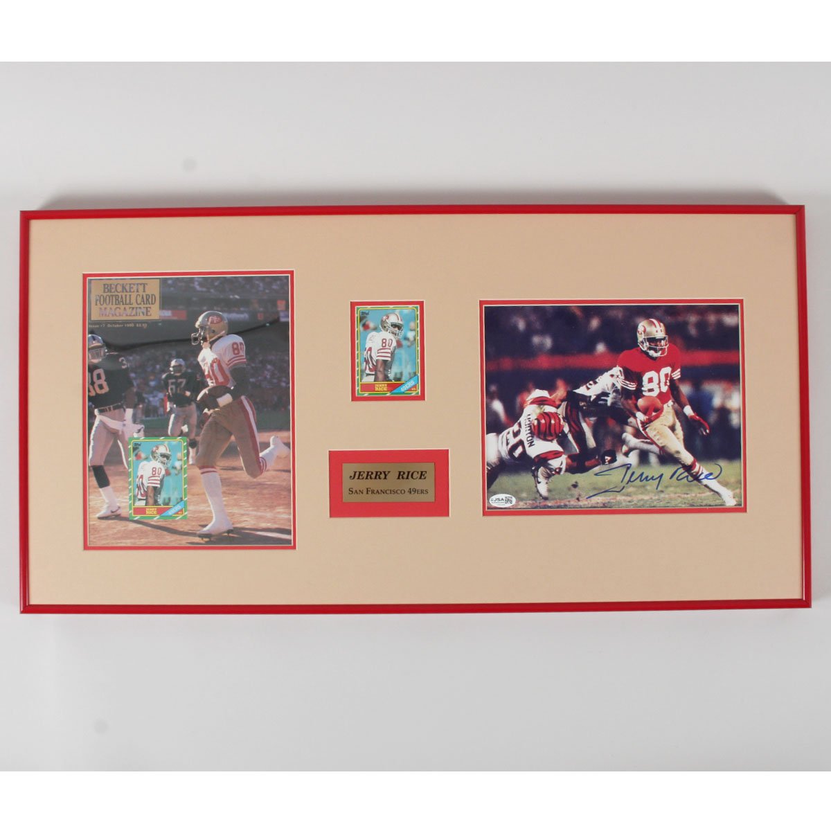Jerry Rice Signed Photo 8x10 Display 49ers with 1986 Topps Rookie Card - COA JSA