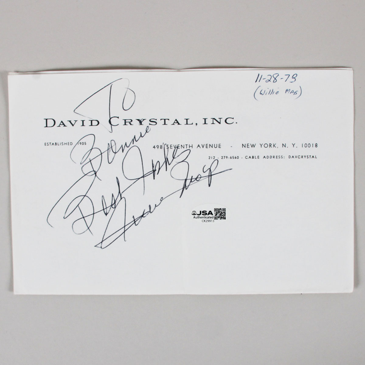 Willie Mays Signed Stationery 1973  COA JSA