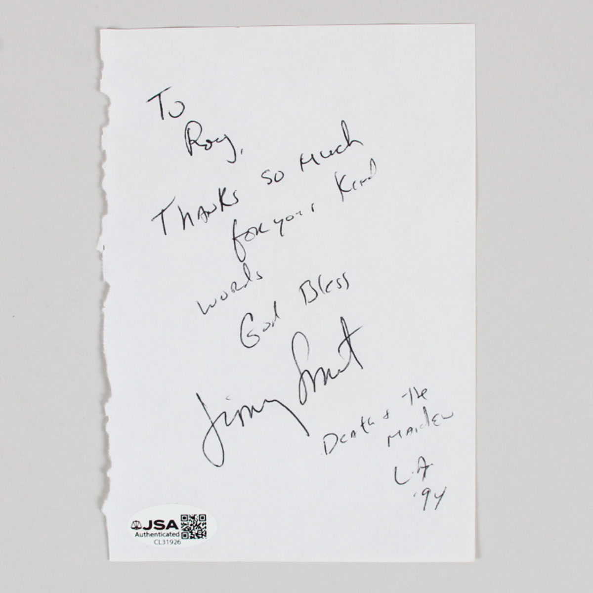 Jimmy Smits signed 4x6 Paper Sheet COA JSA