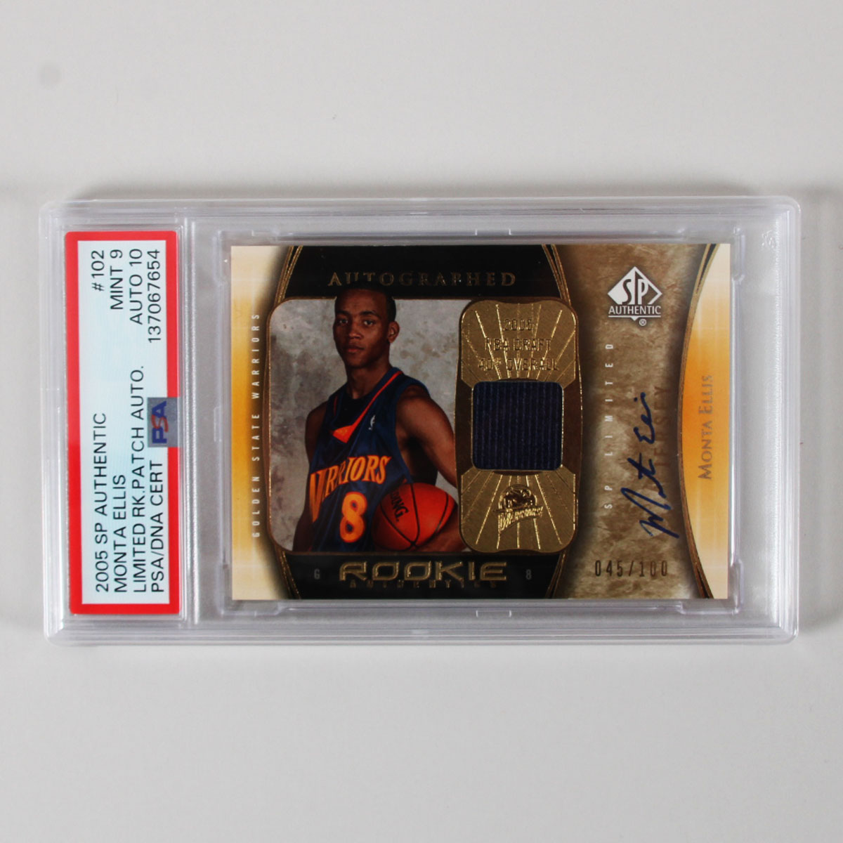 2005 SP Authentic Monta Ellis Limited Patch Auto Graded Rookie Card #102 RC 45/100 PSA 9 10