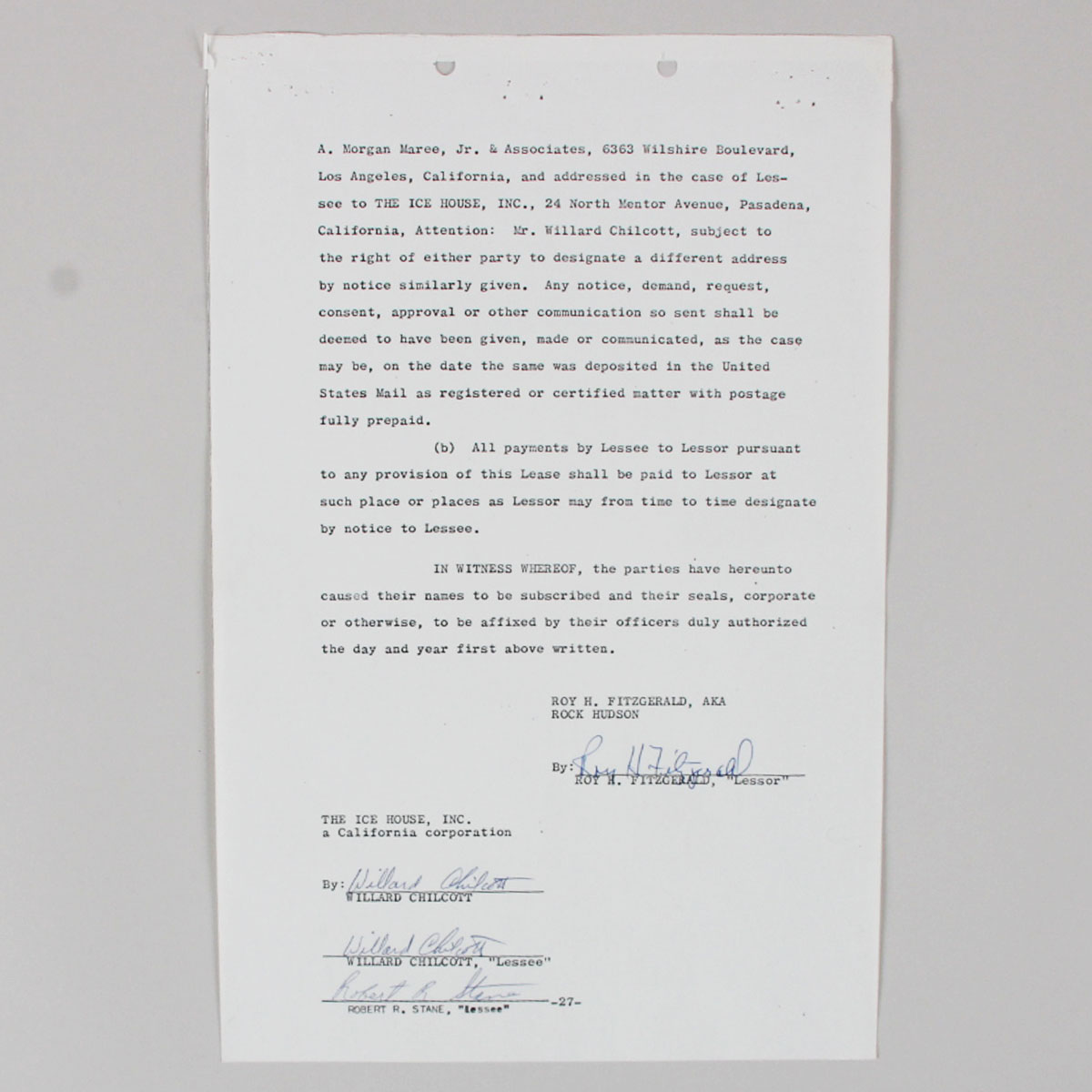 Rock Hudson Signed Contract Full Name Roy H. Fitzgerald - COA JSA
